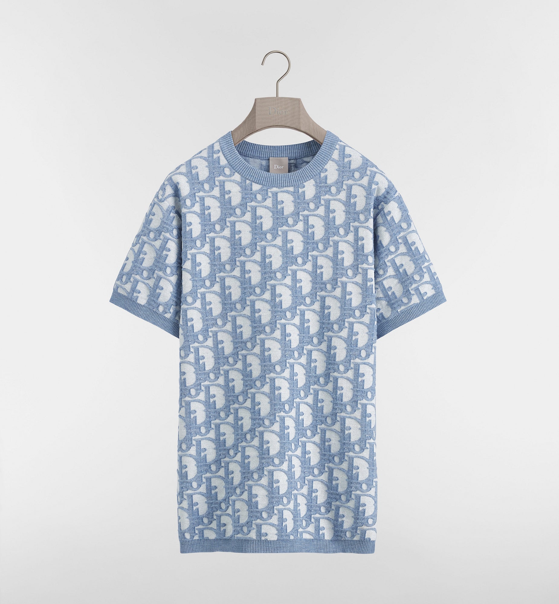 t-shirt Dior Oblique confectionné en jacquard de coton, laine et soie bleu avec une coupe droite