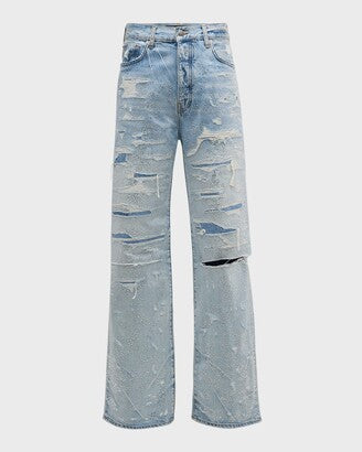 jean baggy Amiri Crystal-Embellished Repaired de couleur « Perfect Indigo ».