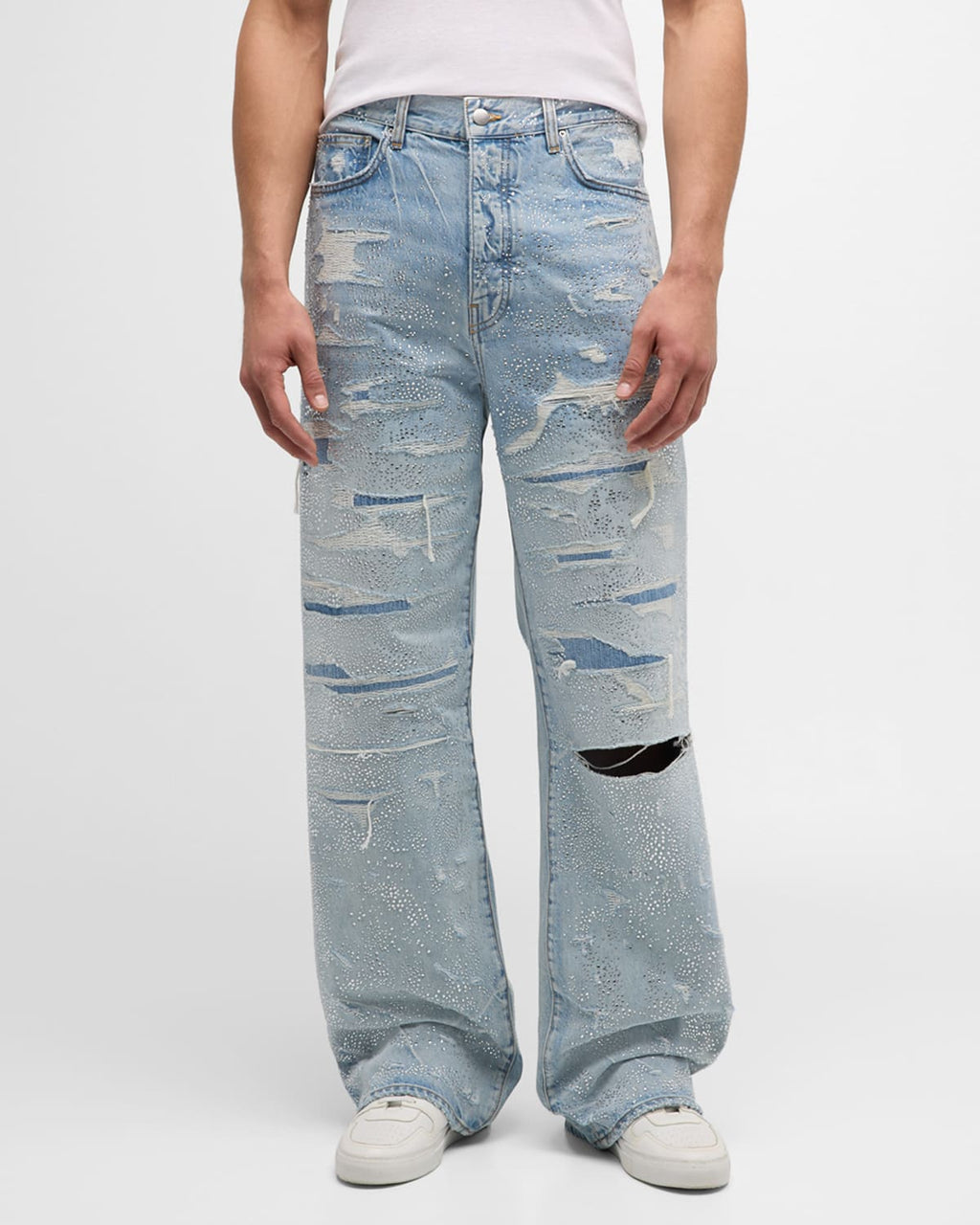 jean baggy Amiri Crystal-Embellished Repaired de couleur « Perfect Indigo ».