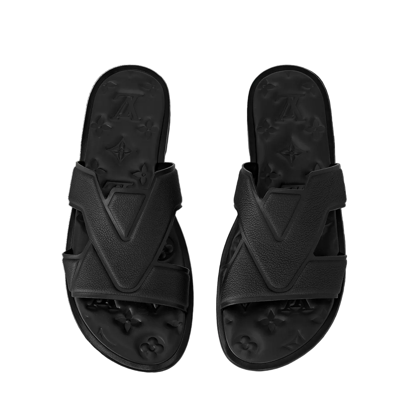 mules Louis Vuitton Oasis en cuir grainé noir présentent un motif LV entrelacé sur la bride