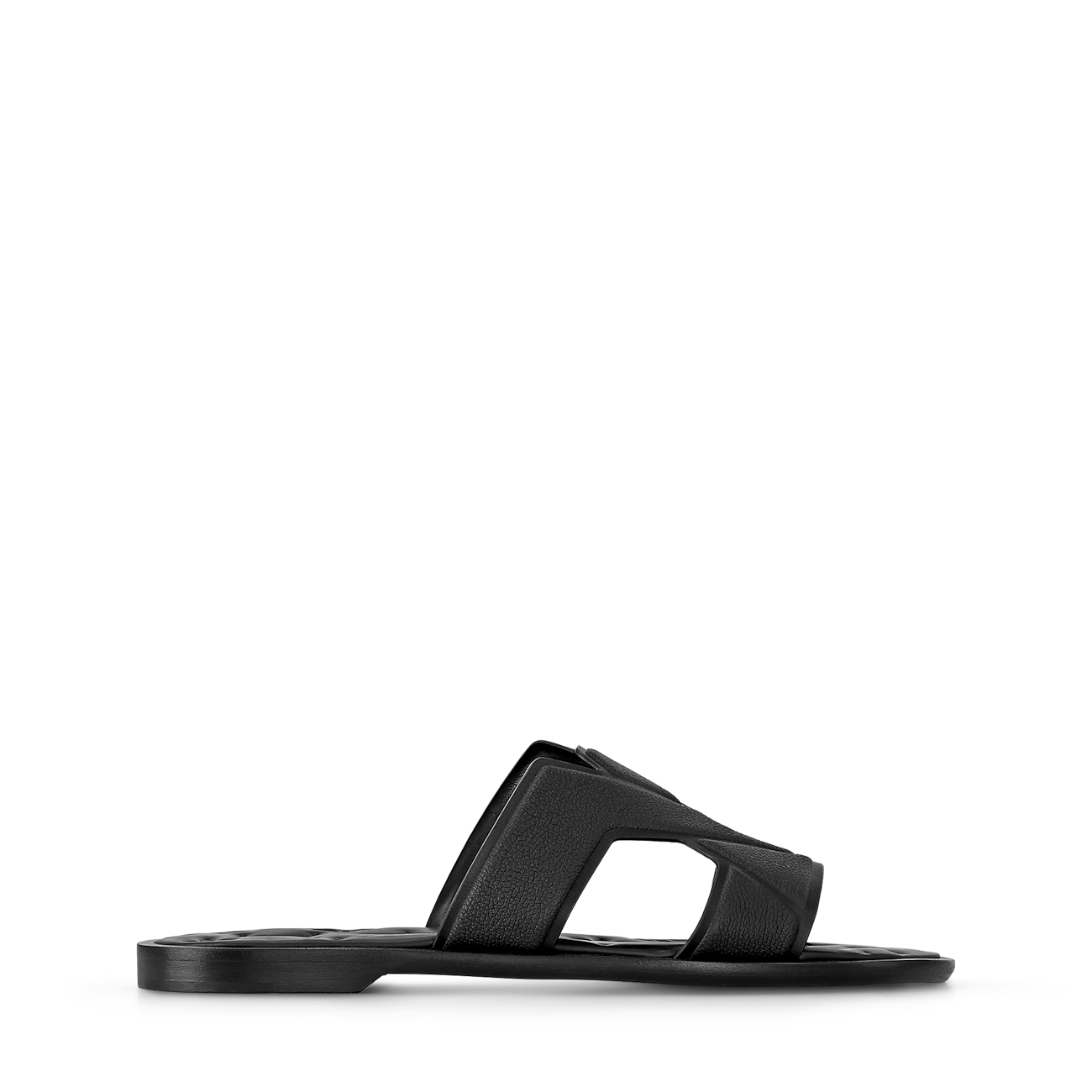 mules Louis Vuitton Oasis en cuir grainé noir présentent un motif LV entrelacé sur la bride