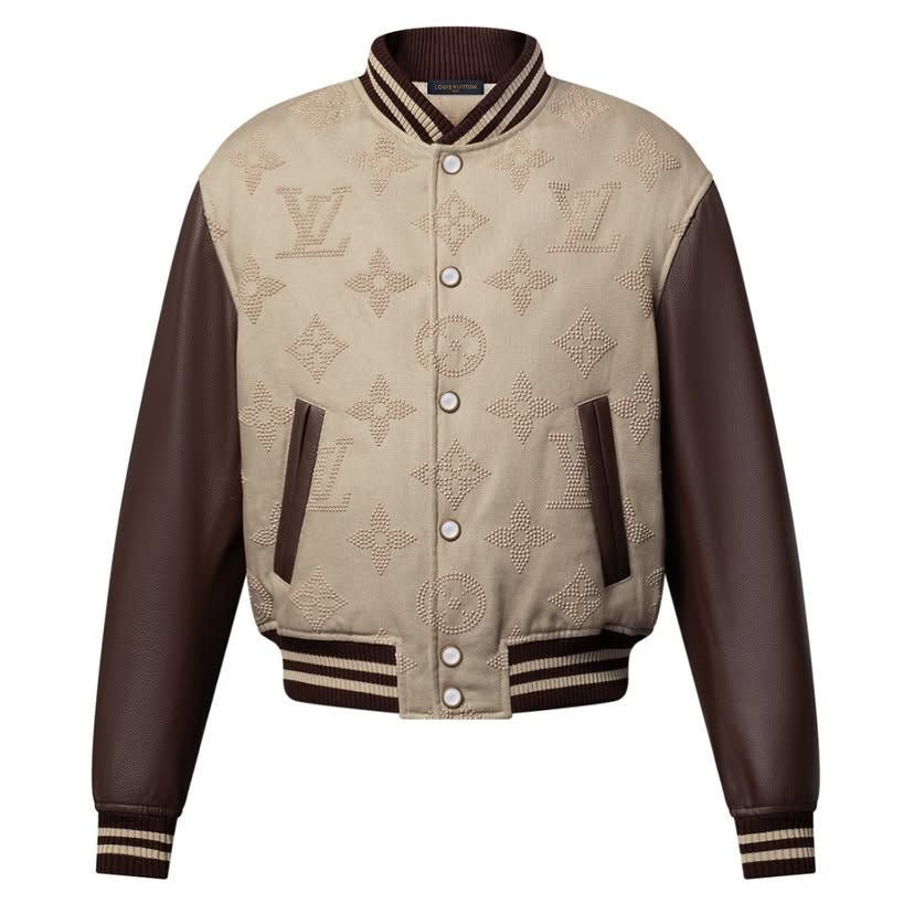 blouson varsity Louis Vuitton Monogram brodé en grège et marron