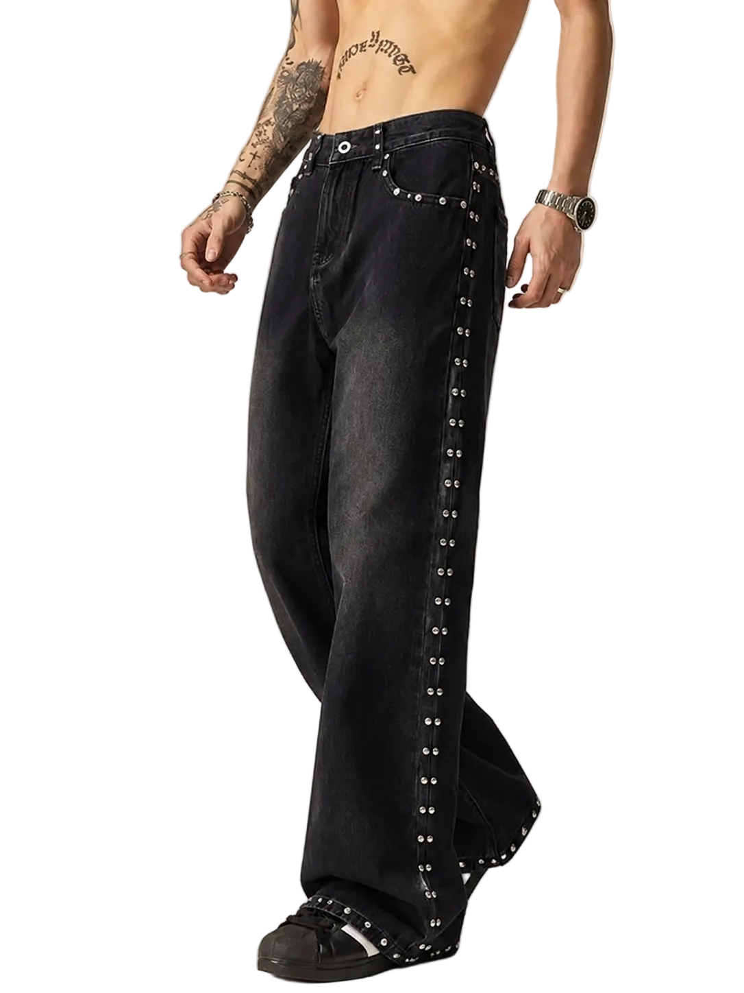 jean large en denim noir délavé orné de clous argentés