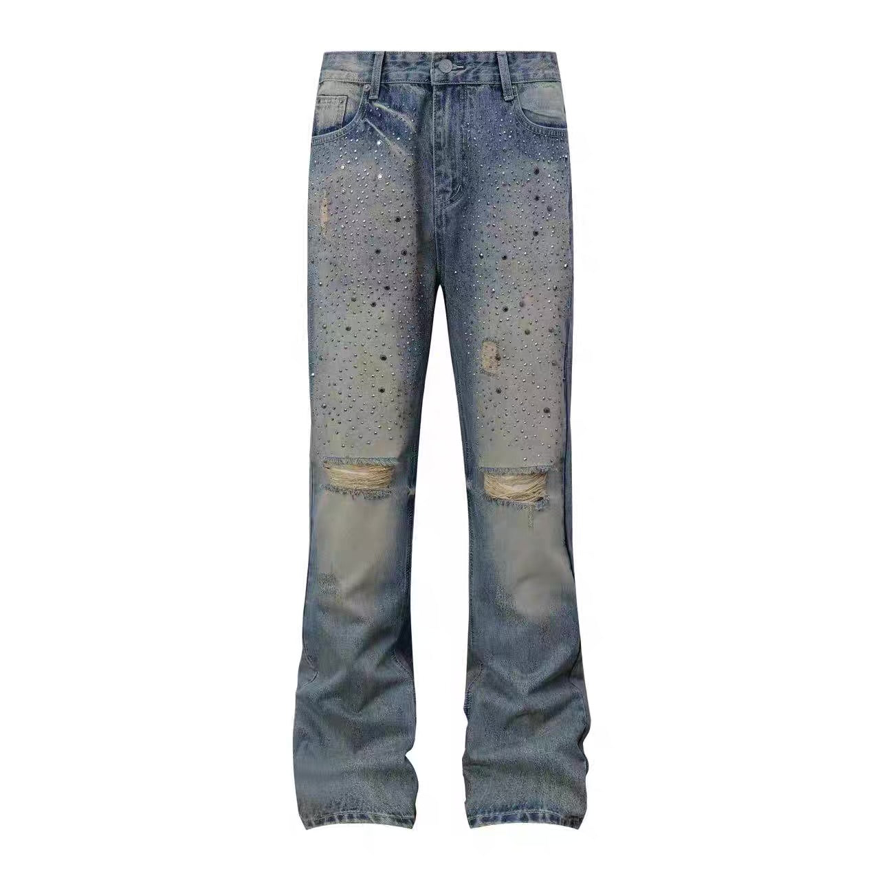 jean slim évasé (flare) orné de strass et déchiré