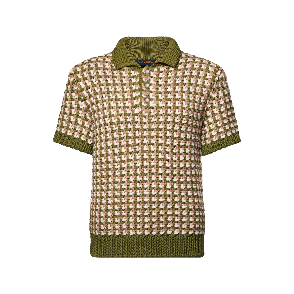 polo Louis Vuitton à manches courtes confectionné dans une maille de laine épaisse avec un motif LV graphique en nuances de vert et beige.