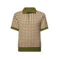 polo Louis Vuitton à manches courtes confectionné dans une maille de laine épaisse avec un motif LV graphique en nuances de vert et beige.