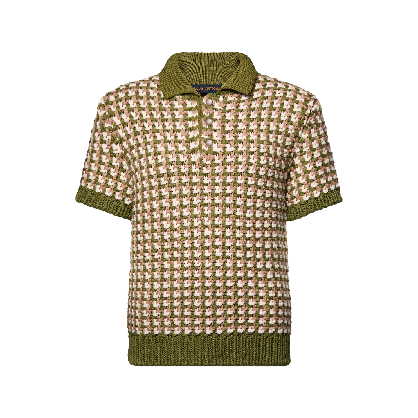 polo Louis Vuitton à manches courtes confectionné dans une maille de laine épaisse avec un motif LV graphique en nuances de vert et beige.