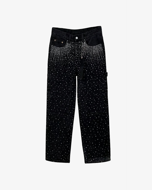 jean noir en denim orné de strass
