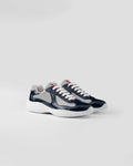 baskets Prada America's Cup en cuir verni bleu et mesh argenté