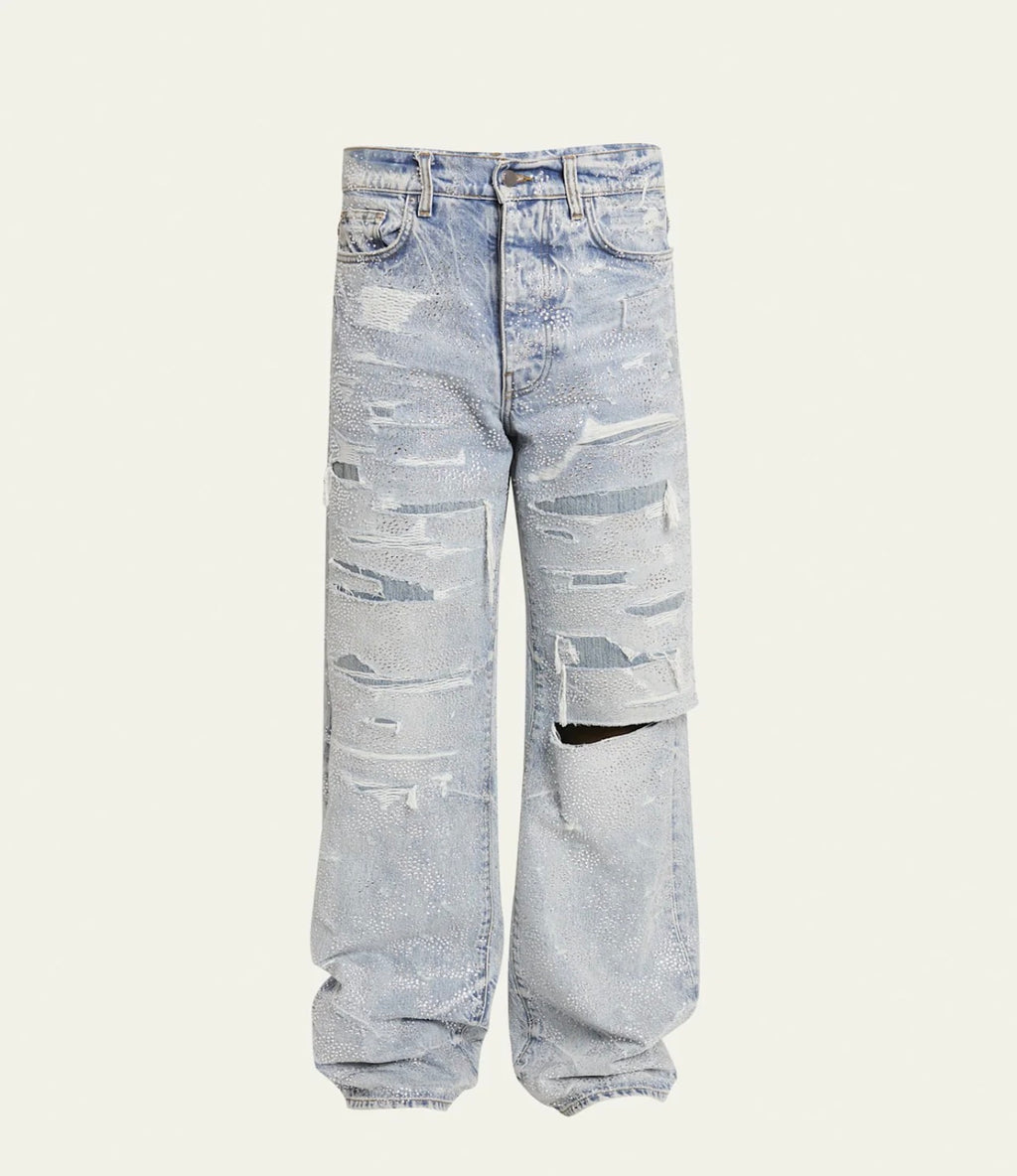 jean baggy Amiri Crystal-Embellished Repaired de couleur « Perfect Indigo ».