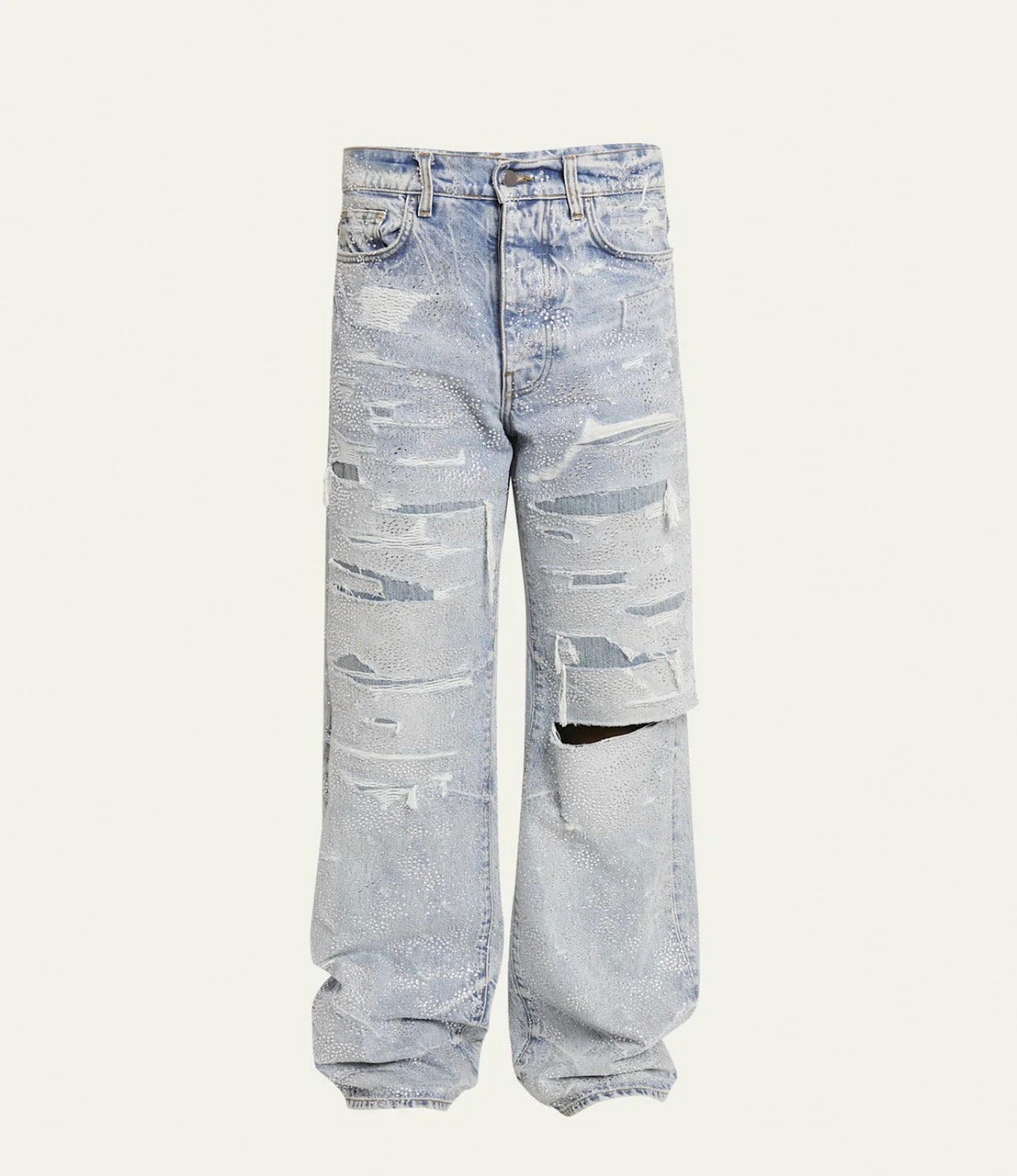 jean baggy Amiri Crystal-Embellished Repaired de couleur « Perfect Indigo ».