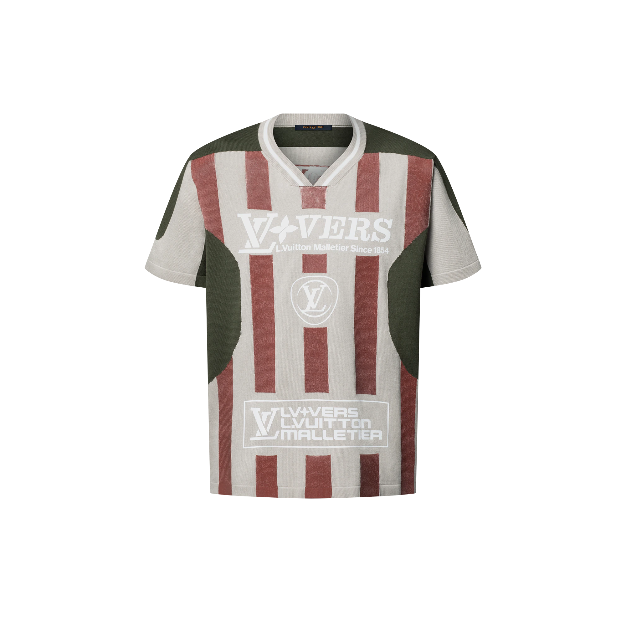 t-shirt Louis Vuitton présentant un motif rayé bordeaux et blanc avec des graphismes "V+VERS" blancs