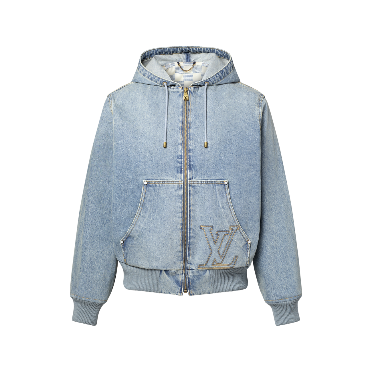 blouson Louis Vuitton, inspiré du workwear, est confectionné en denim japonais délavé avec une signature LV brodée
