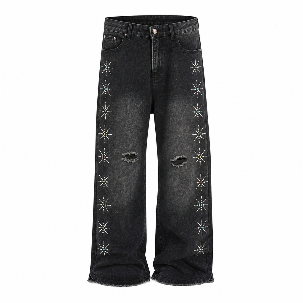 jeans large en denim noir avec des détails de flocons en strass