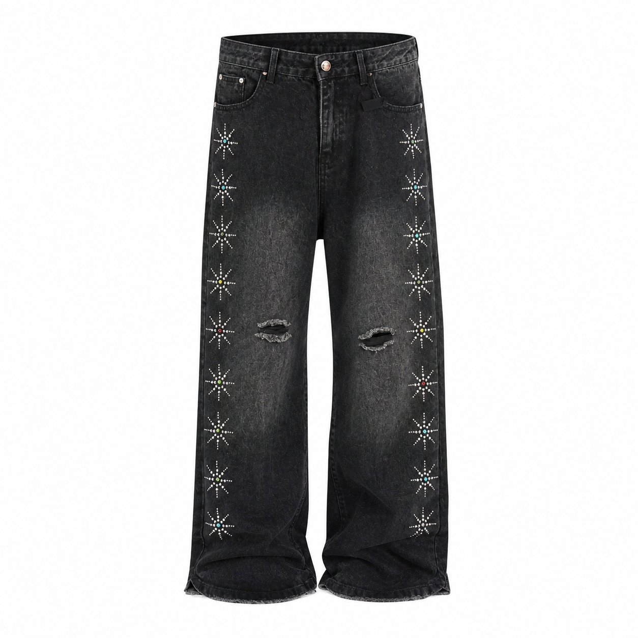 jeans large en denim noir avec des détails de flocons en strass