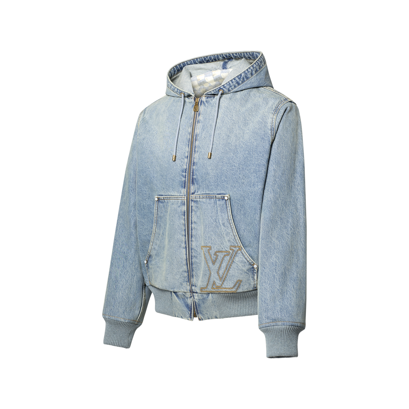 blouson Louis Vuitton, inspiré du workwear, est confectionné en denim japonais délavé avec une signature LV brodée