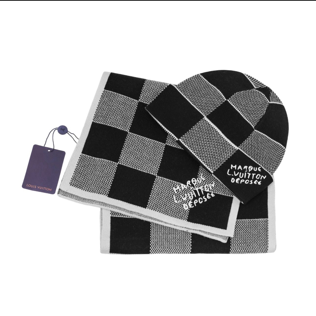 ensemble composé du bonnet Néo Petit Damier et de l'écharpe Néo Petit Damier de Louis Vuitton.