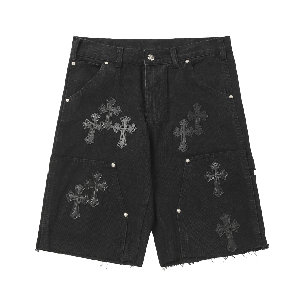 short en jean noir Chrome Hearts orné d'empiècements croix en cuir.