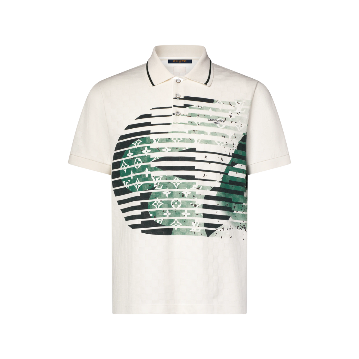 polo manches courtes Louis Vuitton en coton biologique présente un motif graphique Dynamic Flower noir et vert inspiré du tennis