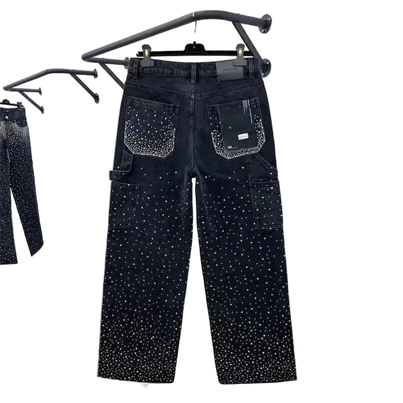 jean noir en denim orné de strass