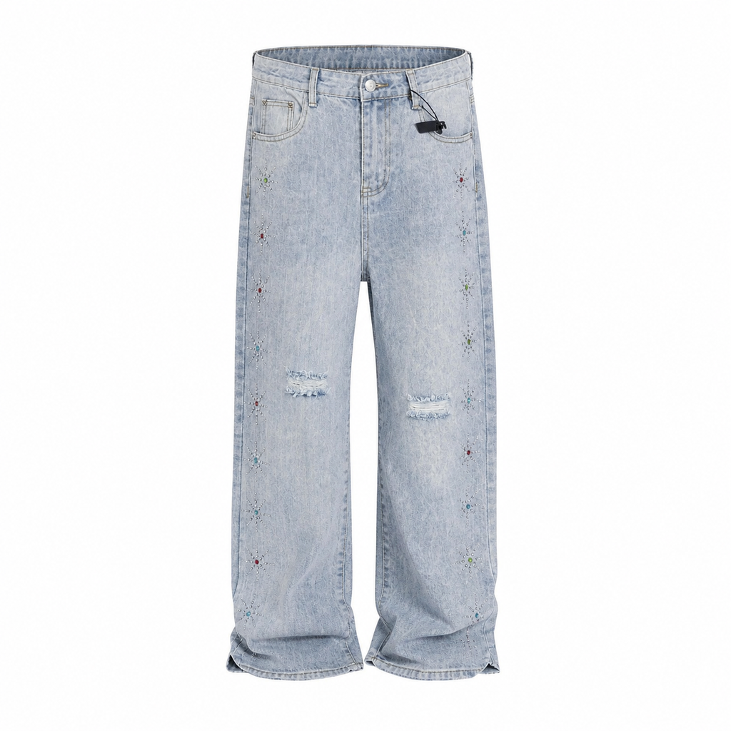 jeans large en denim bleu clair ornés de strass colorés