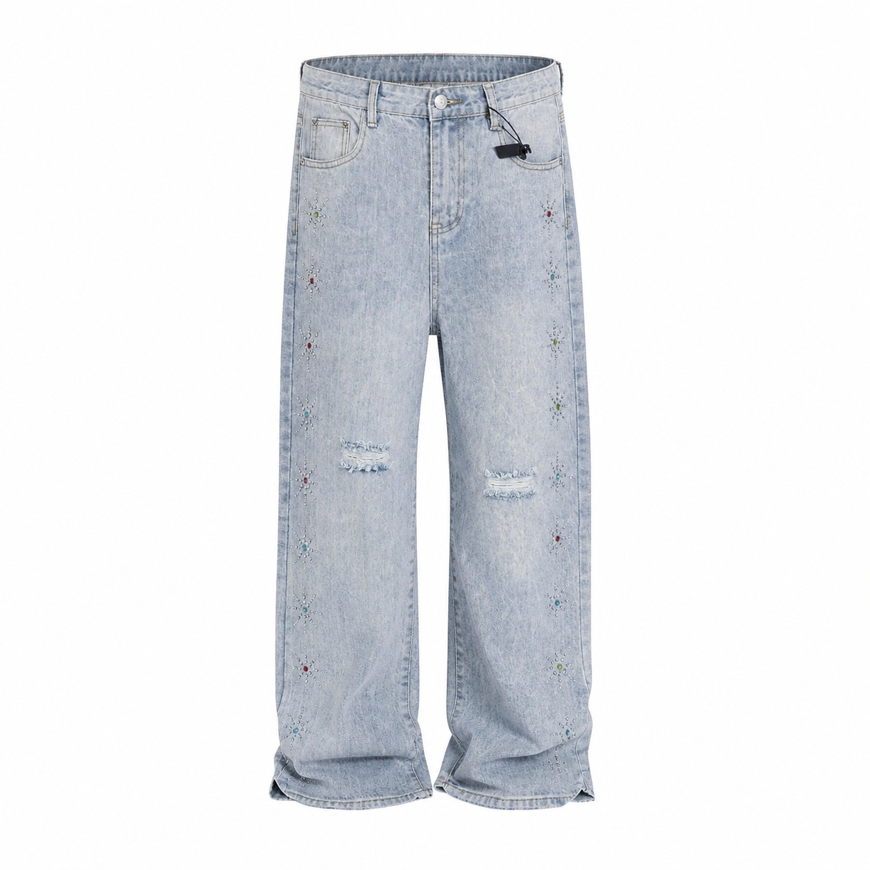 jeans large en denim bleu clair ornés de strass colorés