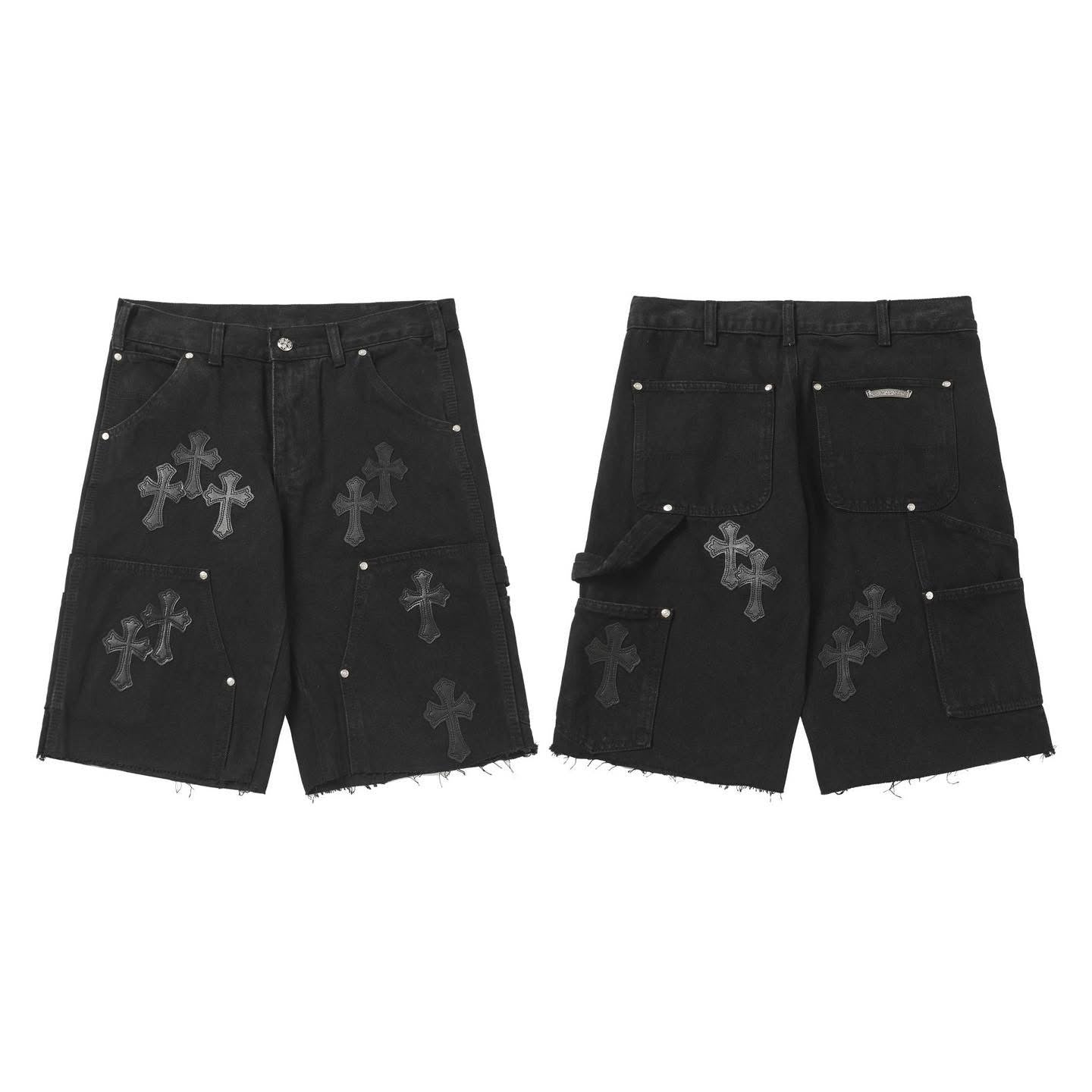 short en jean noir Chrome Hearts orné d'empiècements croix en cuir.