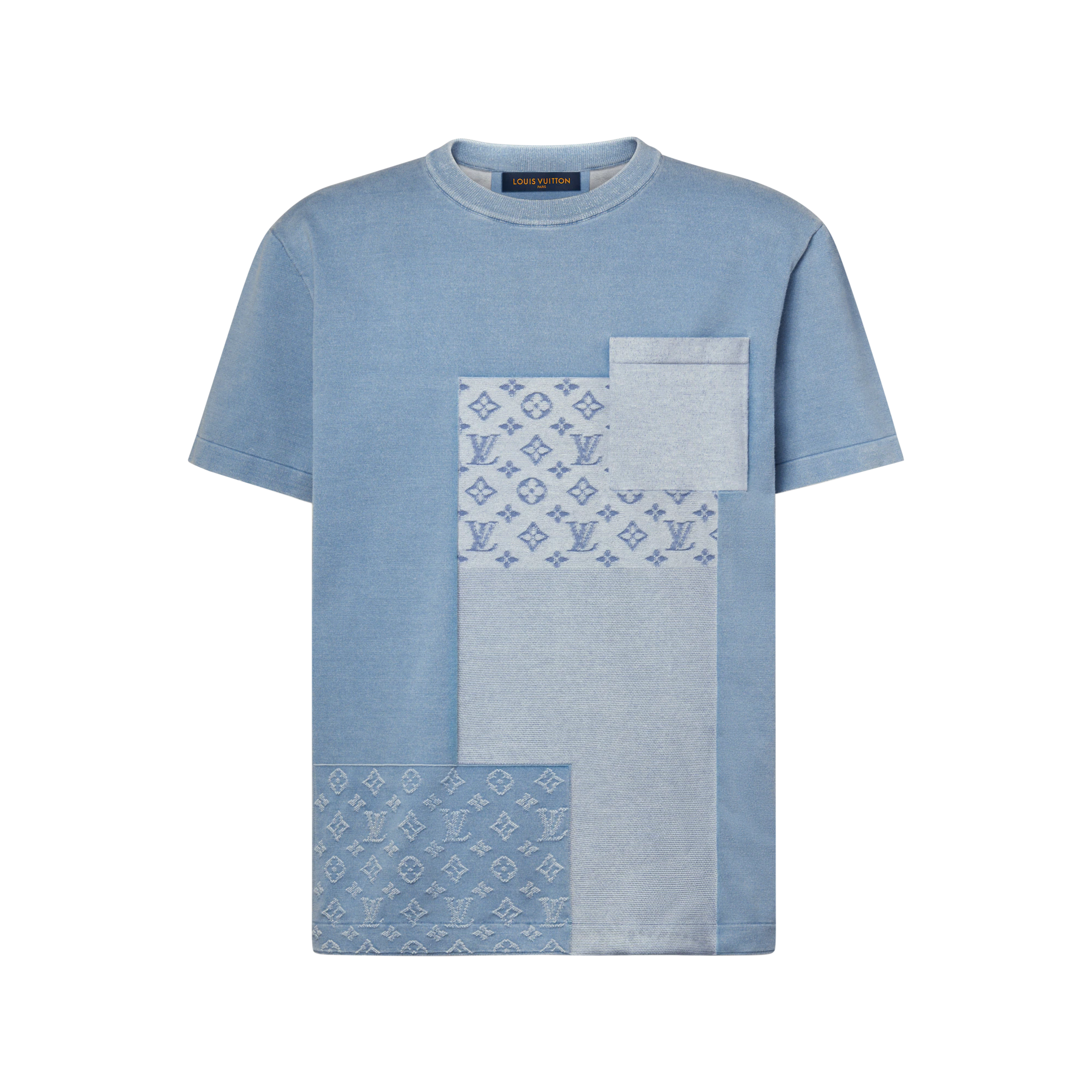 shirt Louis Vuitton en coton indigo présente un motif patchwork sophistiqué en maille