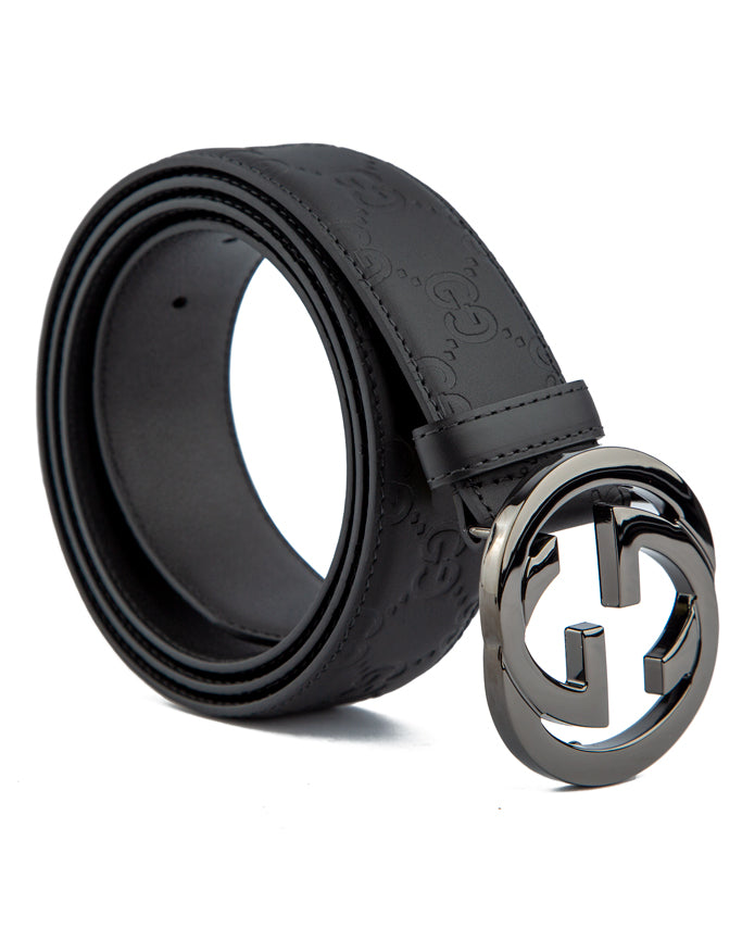 ceinture Gucci Signature en cuir noir avec boucle GG enlacés