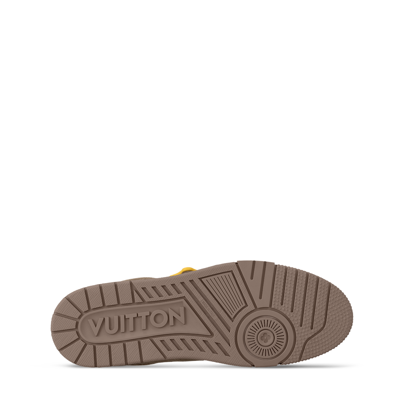 baskets Louis Vuitton LV Trainer en cuir nubuck grainé de couleur taupe, embossées du motif Damier