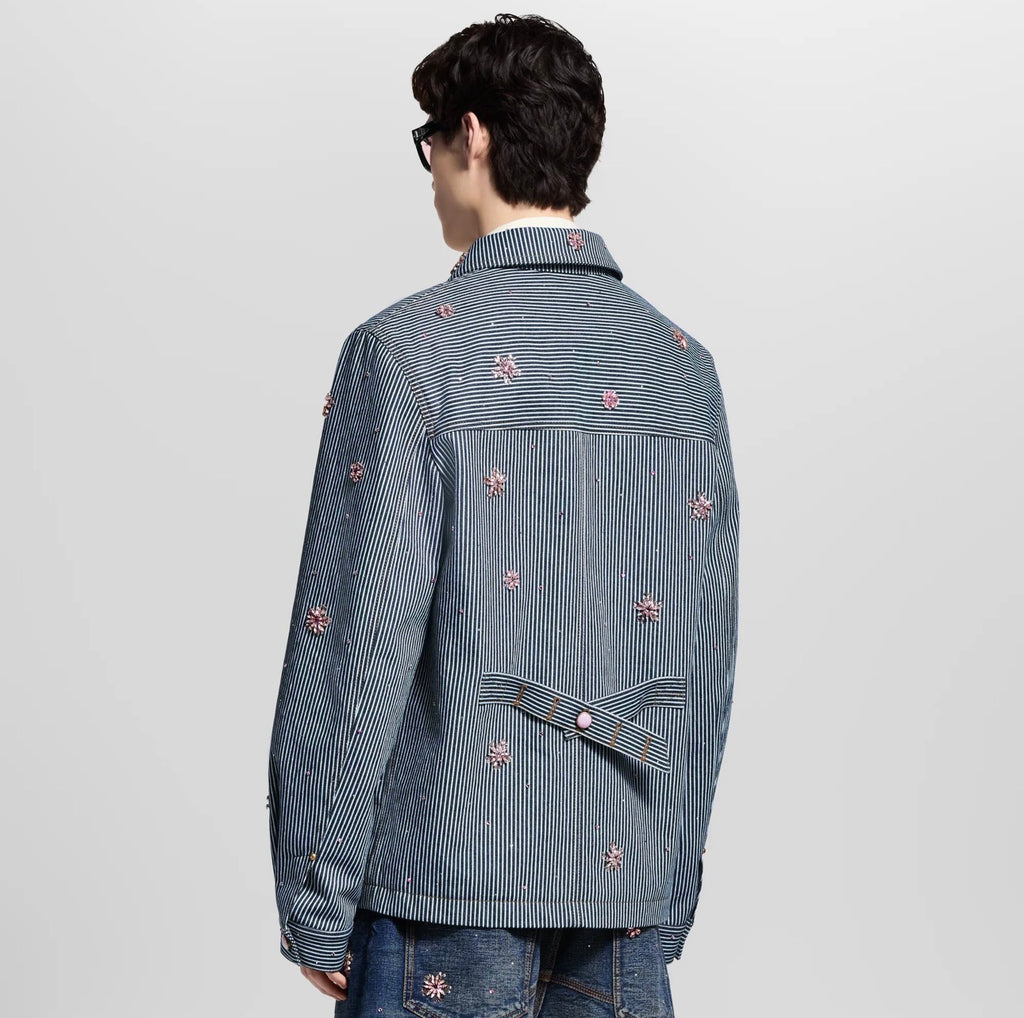 blouson workwear ornementé Louis Vuitton en denim rayé bleu.