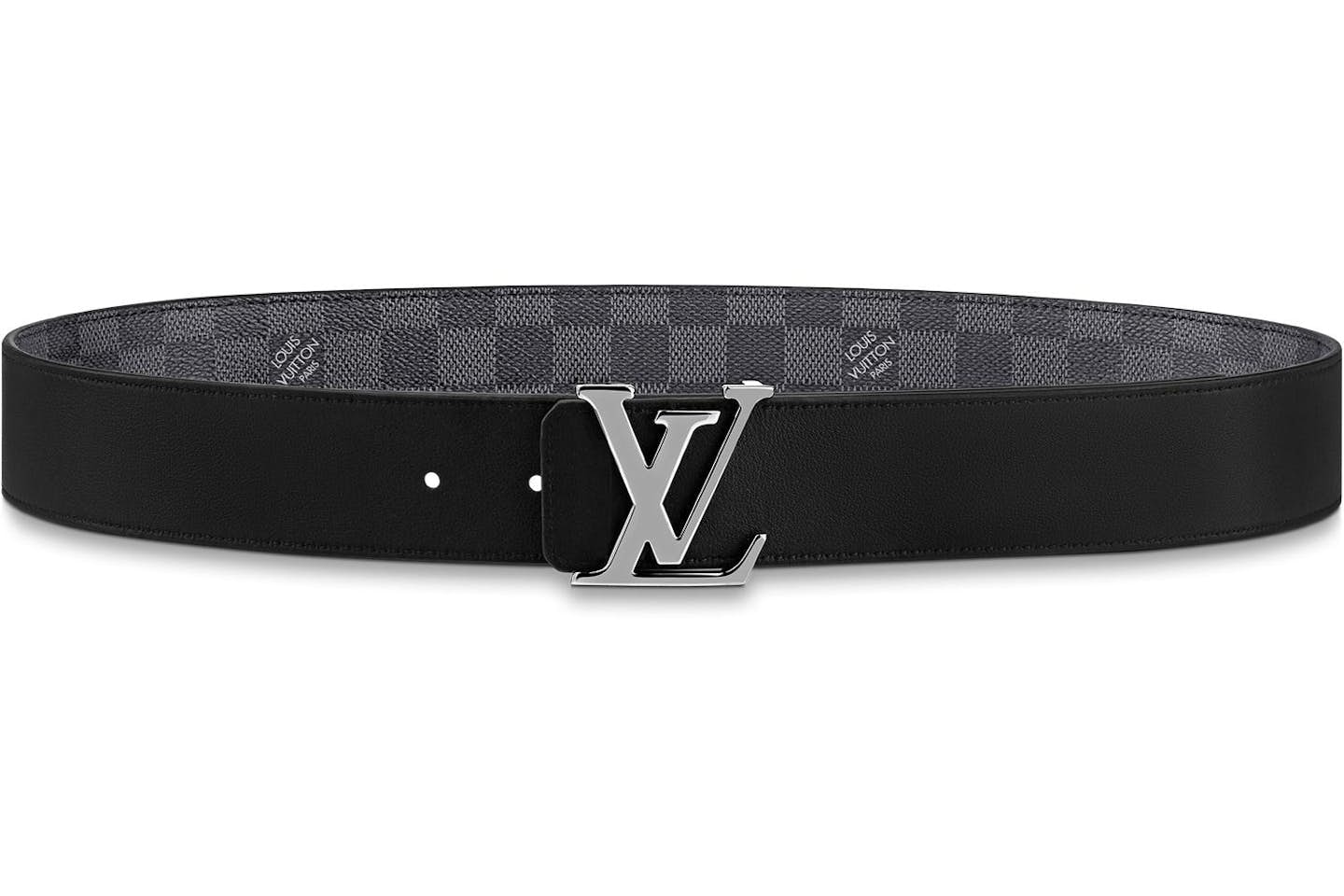 Ceinture Louis Vuitton réversible boucle argentée initiales LV damier gris doublure noire