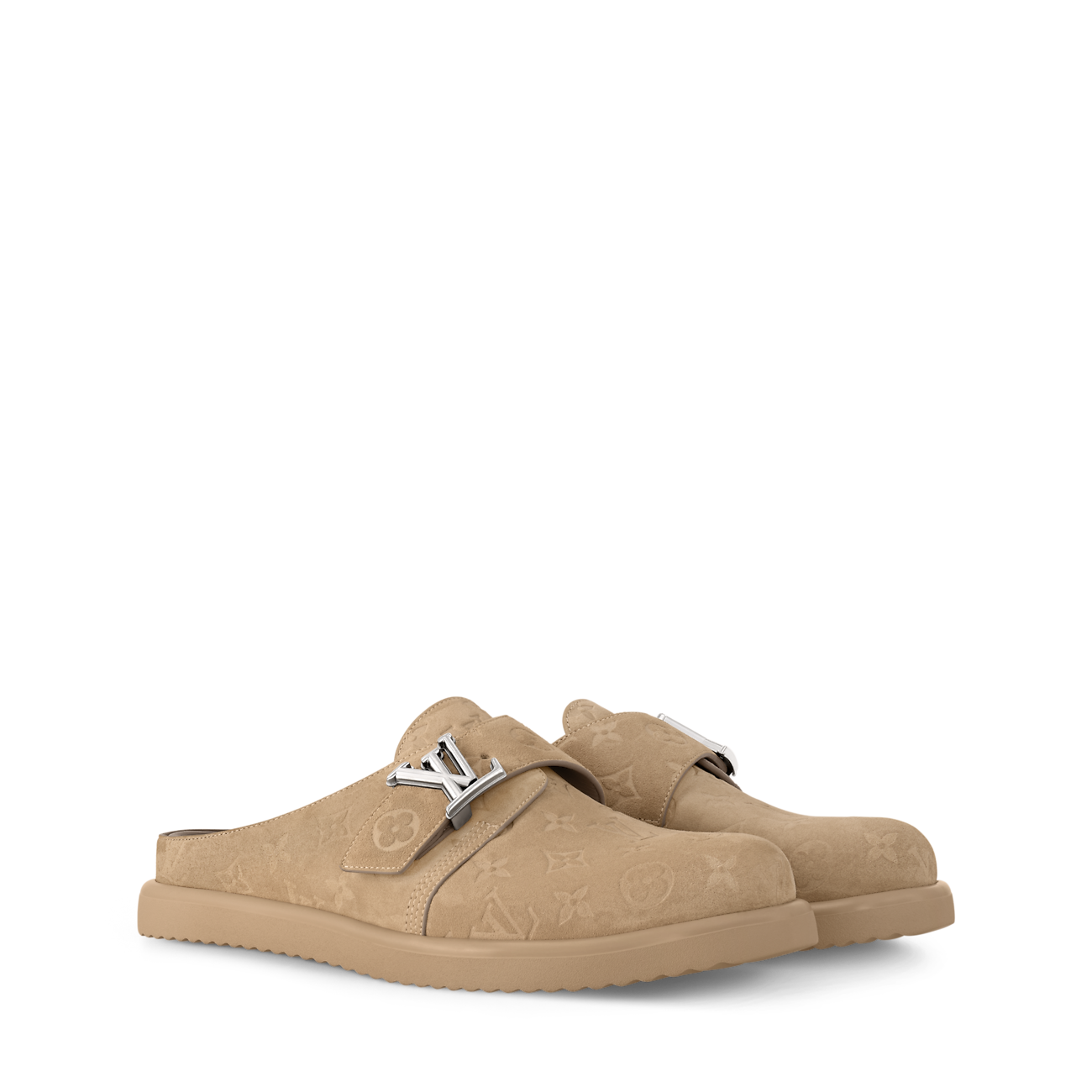 des mules Louis Vuitton Easy en cuir de veau velours embossé du motif Monogram emblématique avec une boucle ajustable siglée