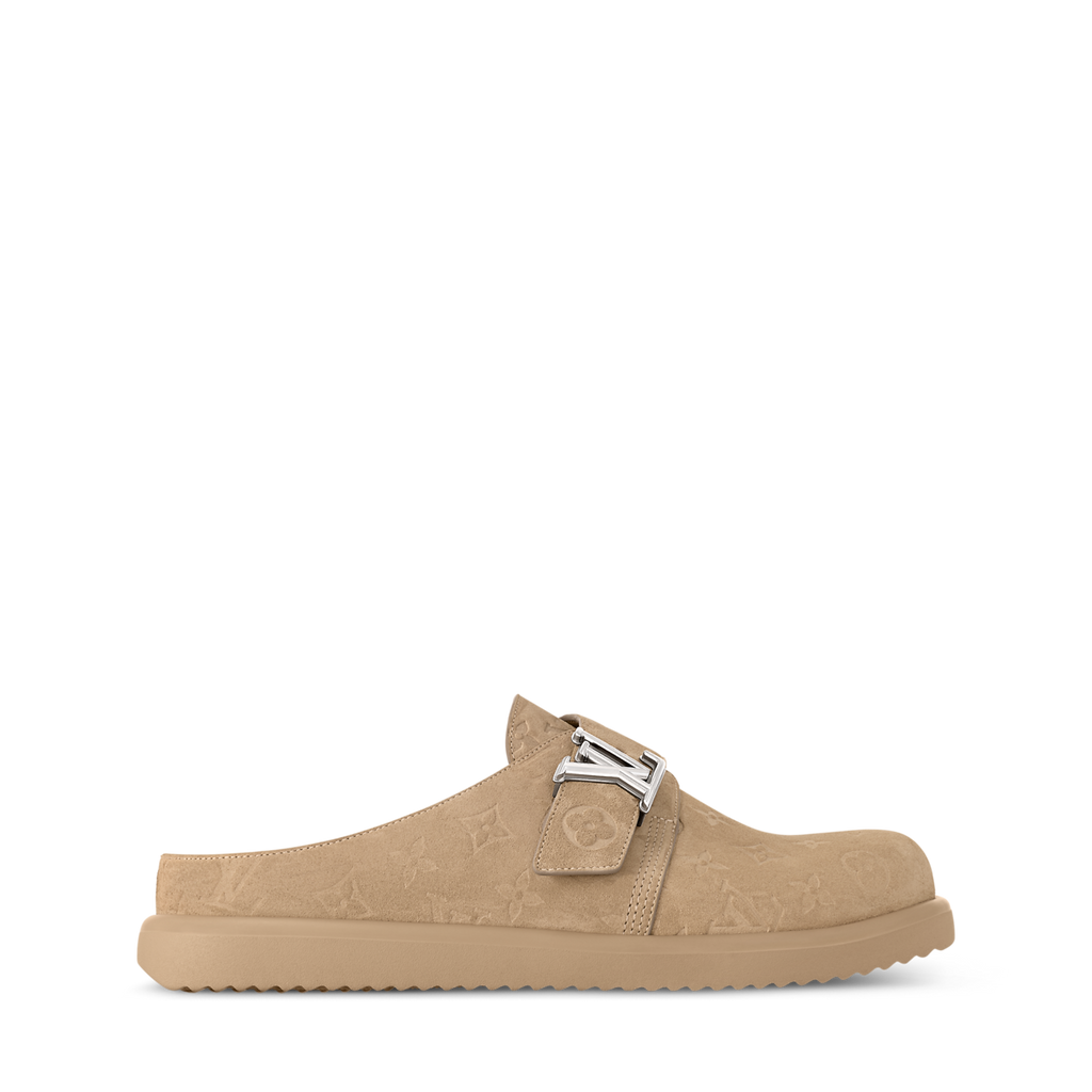 des mules Louis Vuitton Easy en cuir de veau velours embossé du motif Monogram emblématique avec une boucle ajustable siglée
