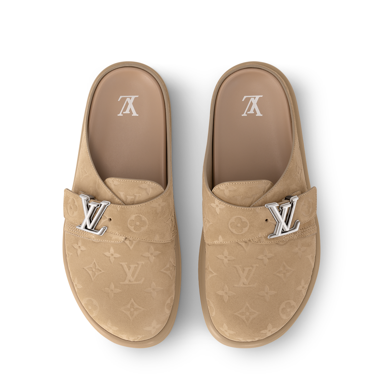 des mules Louis Vuitton Easy en cuir de veau velours embossé du motif Monogram emblématique avec une boucle ajustable siglée