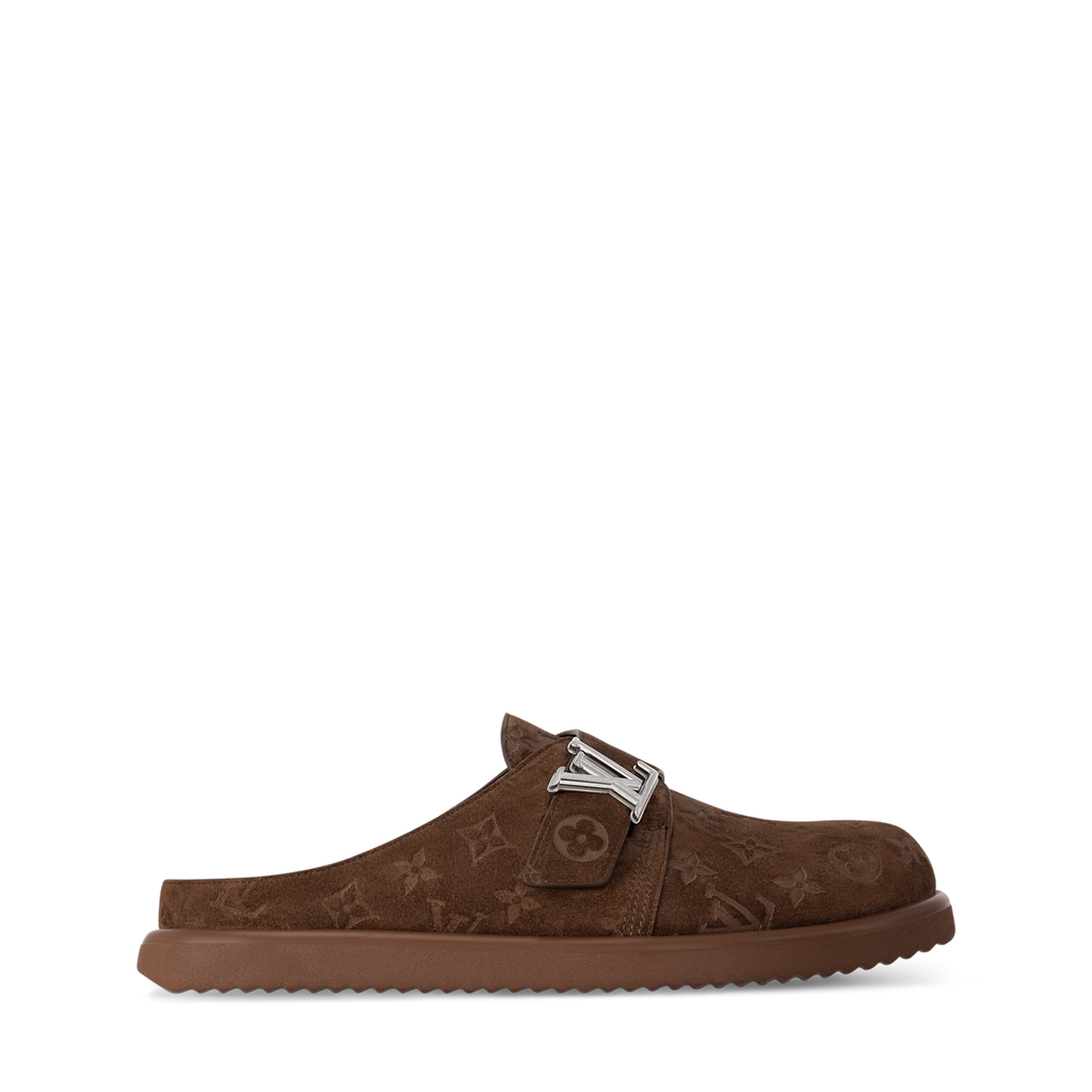 des mules Louis Vuitton Easy en cuir de veau velours embossé du motif Monogram emblématique avec une boucle ajustable siglée
