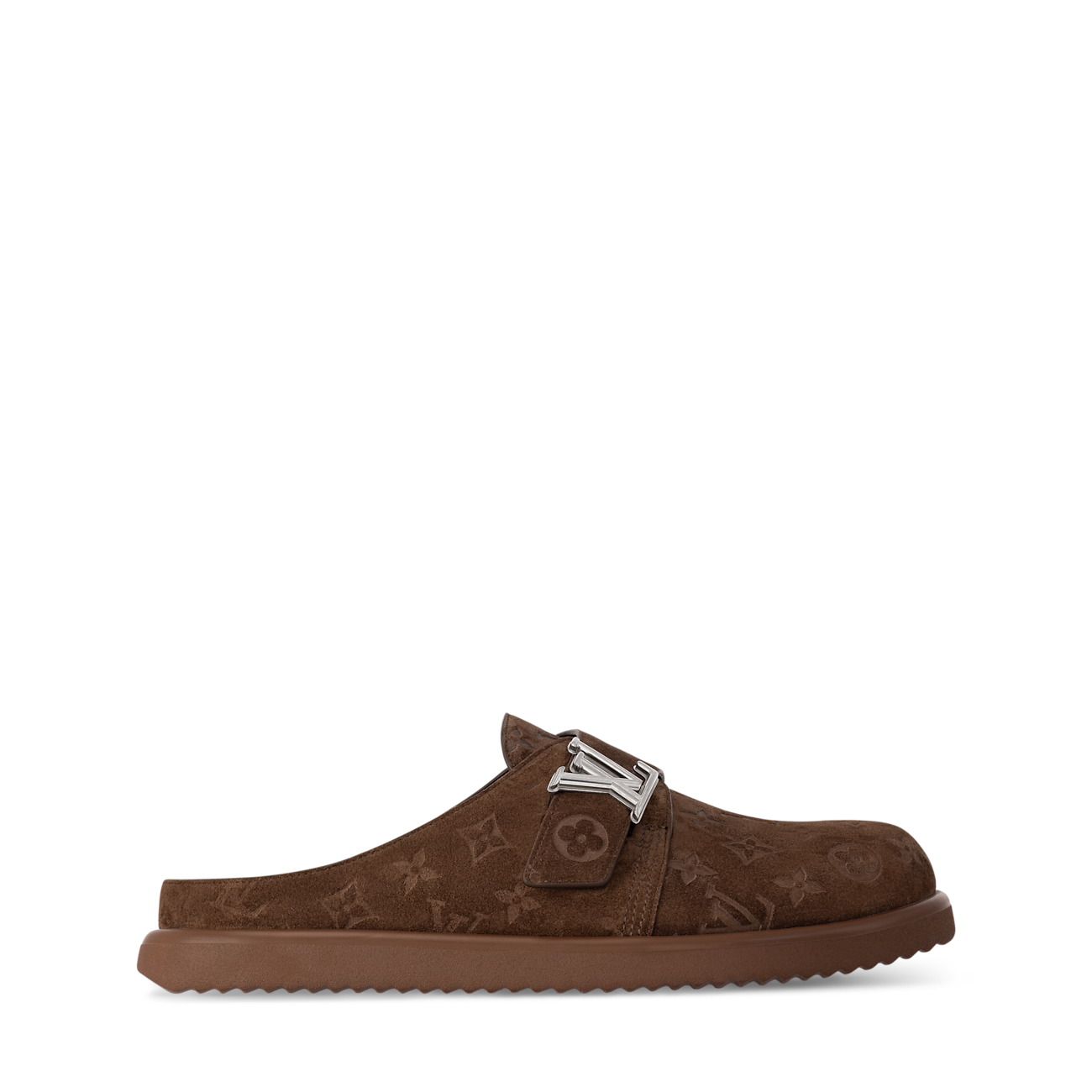 des mules Louis Vuitton Easy en cuir de veau velours embossé du motif Monogram emblématique avec une boucle ajustable siglée