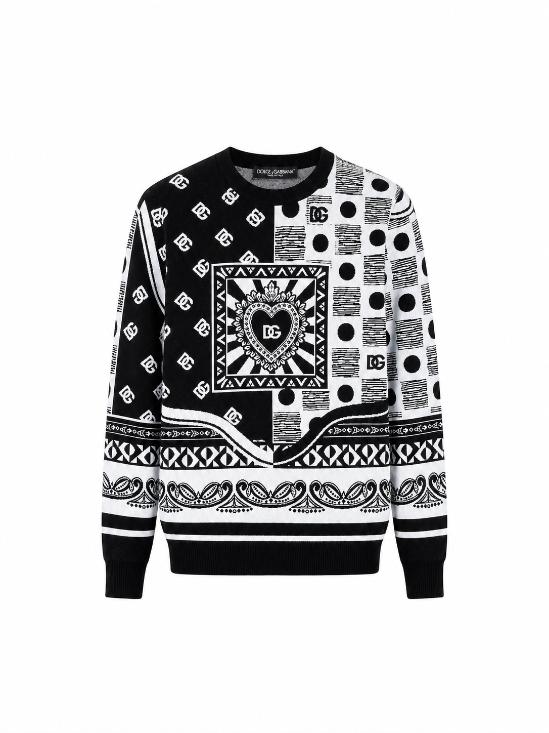 pull à col rond noir et blanc de Dolce & Gabbana, caractérisé par un motif imprimé logo et bandana.